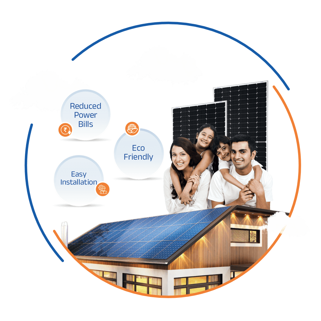 Happy family with solar panels on rooftop - Reduced Power Bills, Eco Friendly, Easy Installation